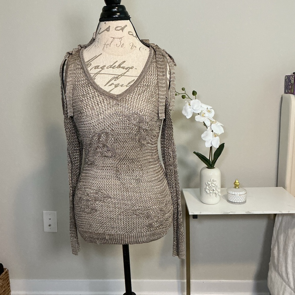 Brown and gold Knit cut out shoulders Sweater top